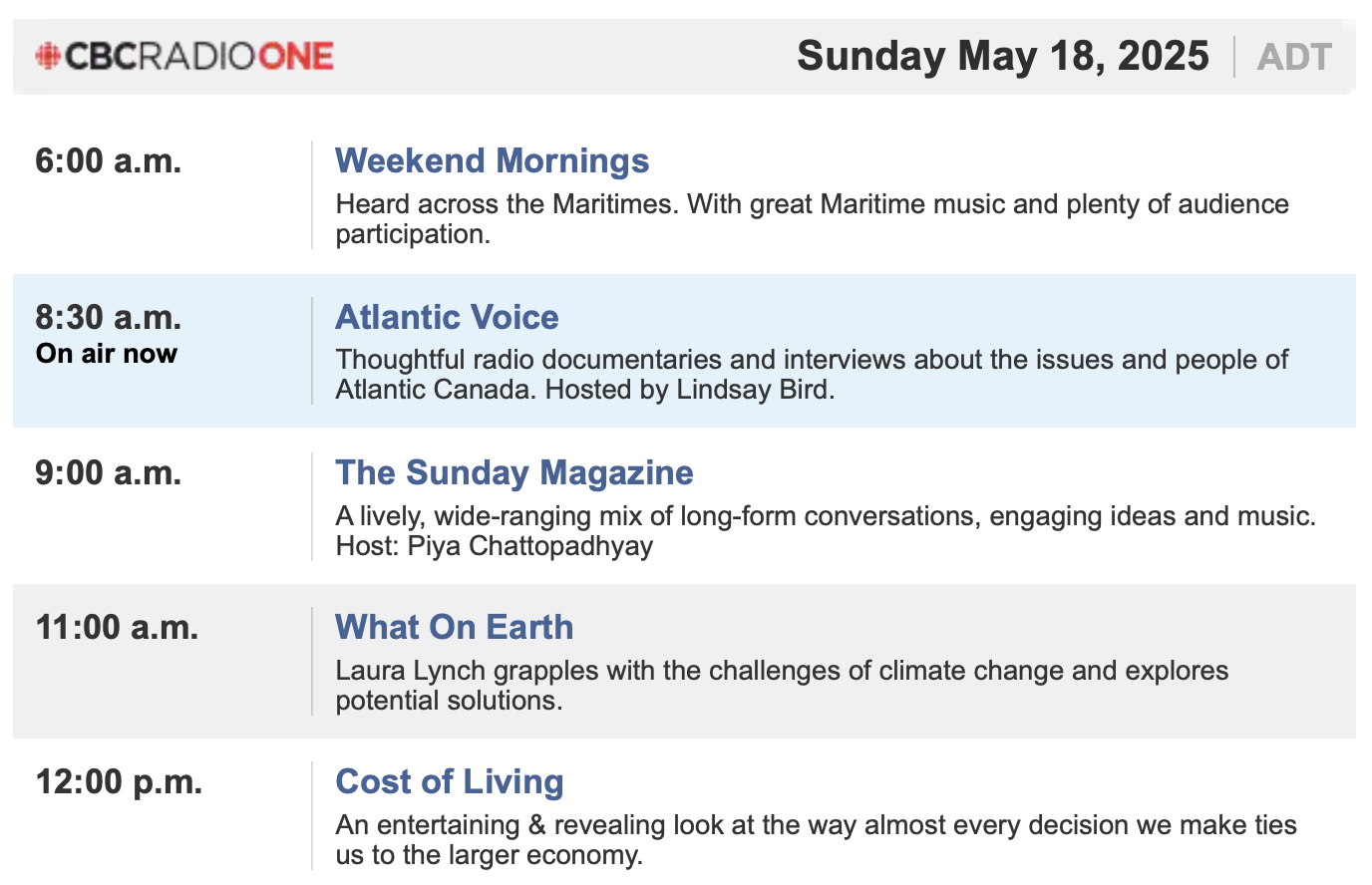 Excerpt from CBC radio schedule for Halifax on Sunday May 18 2025